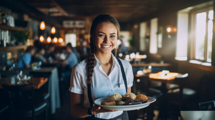 Happy smiling caucasian restaurant waitress holding a tray of food to serve customers