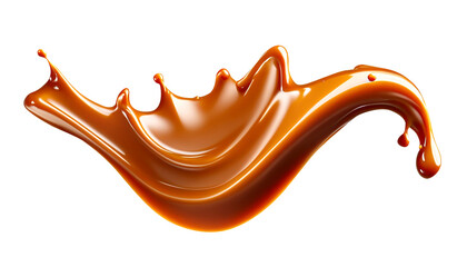 Delicious melted caramel texture. Flow, wave and drops splash caramels sauce. Sweet food isolated on white background. AI Generative