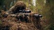 © Keitma - Special forces sniper soldier wearing ghillie suit laying on ground hiding with sniper gun