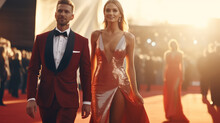Front view of a couple of stars in gorgeous evening gowns and suit walking on the red carpet posing for awards ceremony. Celebrity nominees arrive for the premiere