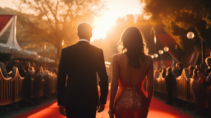 Back silhouette view of a couple of stars in gorgeous evening gowns and suit walking on the red carpet posing for awards ceremony. Celebrity nominees arrive for the premiere