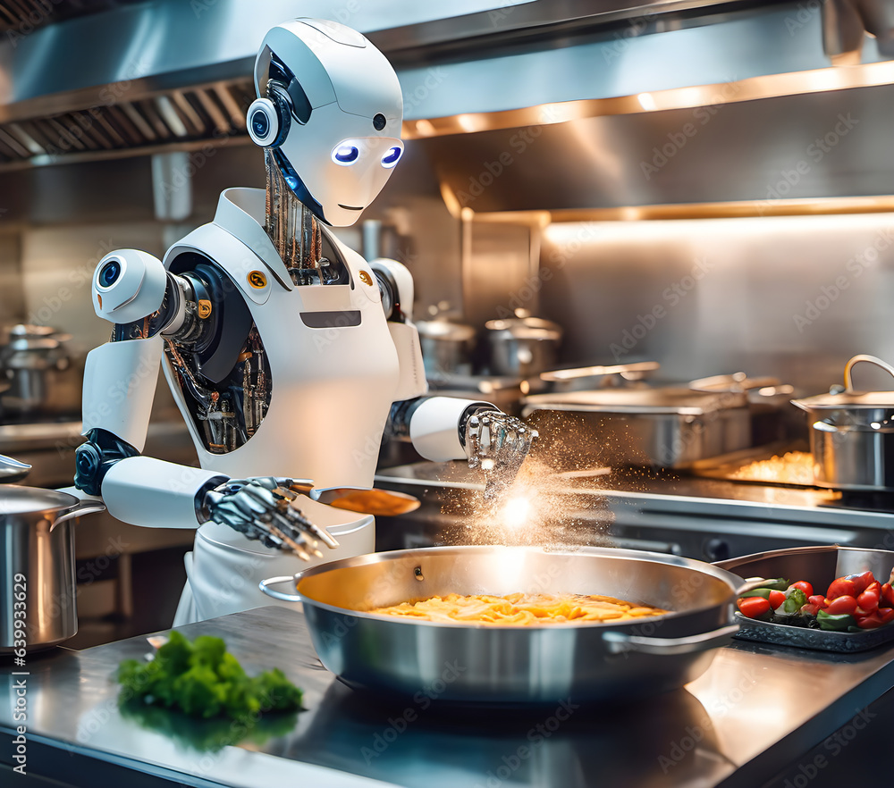 Unemployed Chef ai robot is cooking in a restaurant kitchen. Machine AI chef Robots ...