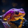 A transparent purple tadpole with golden spots on the body. Exotic tadpole with extraordinary backlighting. Exotic animal in detail.