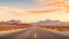 Route 66 Highway Road In The Evening Sunset With Desert Mountains In The Background Landscape
