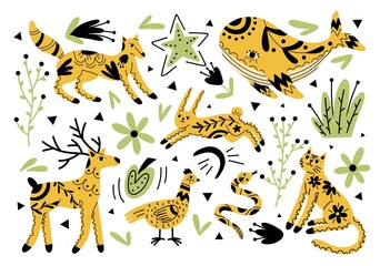 Wall Mural - Patterned animals. Floral ornaments on forest creatures, scandinavian folk style, norway woodland fauna, hare, deer and snake, vector set