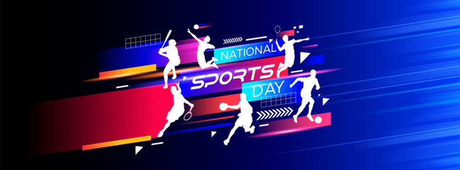 Wall Mural - sport background, national sports day celebration concept, with abstract geometric ornament and illustration of sports athlete football player, badminton, basketball, baseball, tennis, volleyball