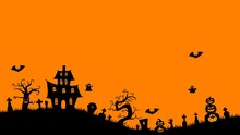 Halloween Background Animation With Pumpkins, Spooky Tree, Vintage Haunted House, And Bats Flying Over Cemetery