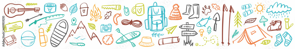 Vector horizontal collection of camping and hiking items in doodle ...