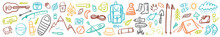 Vector Horizontal Collection Of Camping And Hiking Items In Doodle Style.