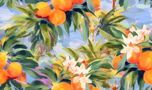 Mandarins On Twig With Flower And Leaves Pattern. Sweety Fruits Wallpaper. For Fabric Design. Created With Generative AI Tools
