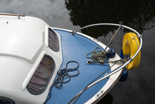 Forward Area Of A Small Fishing Boat. Seen Moored On An Inland Waterway In The UK.