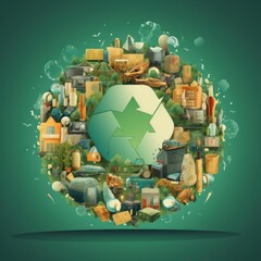 Wall Mural - recycle symbol surrounded by elements of human activity and nature on green background. eliminate wa