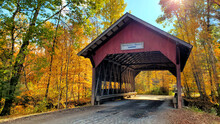 Red, Wooden, Covered Brookdale Bridge With Beautiful Autumn Colors, Stowe, Vermont, USA