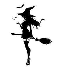 Silhouett witch with broomstick. Sexy mythical character for Halloween. Magic female in witch hat with bats. Vector illustration of scary personage.