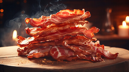 Tasty fried bacon on a kitchen board with a beautiful background. A stack of smoking bacon.generative ai
