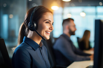 Canvas Print - call center operator with headset. Generative Ai