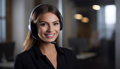 Poster - portrait of a smiling customer service agent, call center operator. Generative Ai	
