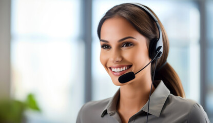 Poster - portrait of a smiling customer service agent, call center operator. Generative Ai	
