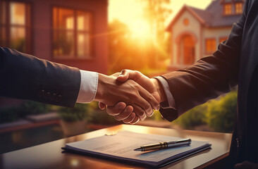 Real estate agent shaking hands with customer after signing contract in front of house