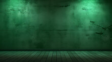 Backdrop Green Wall Background With Floor With Texture Grunge Texture With Relief Spotlight Illuminated. Two-color Complementary Color Scheme
