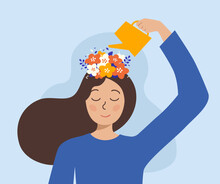 Thinking Positive Mindset. Girl Watering Flowers On Her Head With Watering Can. Conscious Woman Optimist. Good Mood And Happy Character. World Mental Health Concept. Cartoon Flat Vector Illustration