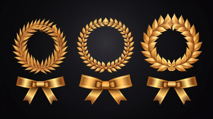 Wall Mural - Set of golden ribbons, laurel wreaths of different shapes for winners gold podium 3d realistic luxury leadership award with falling glitter and light smoke on dark background