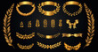 Set of golden ribbons, laurel wreaths of different shapes for winners gold podium 3d realistic luxury leadership award with falling glitter and light smoke on dark background