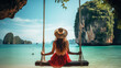 © Sasint - Traveler woman relaxing on swing above Andaman sea Railay beach Krabi, Leisure tourist travel Phuket Thailand summer holiday vacation trip, Beautiful destinations place Asia