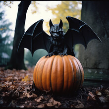 Scary Terrible Bat Vampire With Black Wings On Pumpkin, Horror, Nightmare, Halloween Background