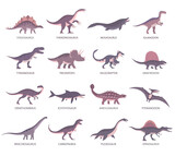 Fototapeta Dinusie - Set of ancient carnivorous and herbivorous dinosaurs. Brachiosaurus, t rex, stegosaurus and pteranodon. Extinct lizard of the Jurassic period. Prehistoric dino. Vector illustration