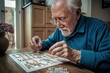 An older, retired man tries to solve a puzzle, a mental exercise to stay young. Ai generated.