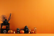 Jack O'lantern Halloween Pumkins Minimalism Background. Banner With Copy Space For Text.