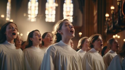 a choir singing during easter service in a historic church.