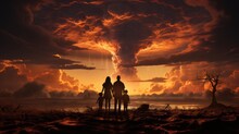 Family On The Background Of A Nuclear Explosion During The Day. Stormy Sky, Shock Wave Against The Background Of A Nuclear Mushroom. City ​​destruction
