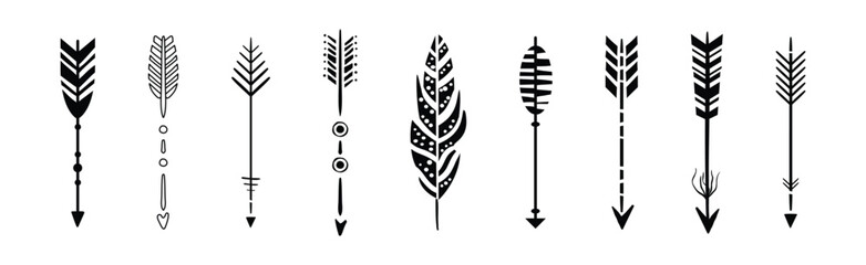 Wall Mural - Black Arrow with Feather Silhouette Design Element Vector Set