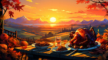 Festive Thanksgiving Feast with Delicious Food, Illustrated Background