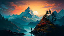 Mountain Landscape With Mountains And Sunset