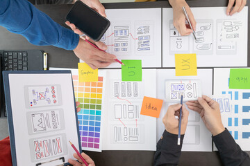 team of UI UX web designer are working together to develop mobile responsive websites with UI UX front end designer previews, UI UX web development ideas, front end designer. application development