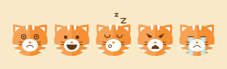 Sticker - Funny Ginger Cat Muzzle or Face with Different Emotion Vector Set