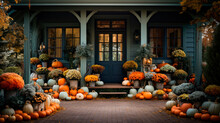 Front Door Of Traditional Farmhouse With Pumpkins And Autumn Themed Decorations