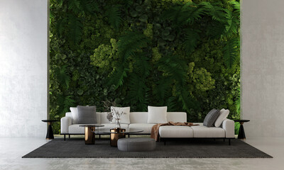 Wall Mural - Living room and concrete wall texture background, Modern interior design, mock up room, furniture decor, Green vertical garden, 3d rendering.