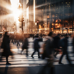 Blur effect of a lot of people crossing a cross walk in a city.