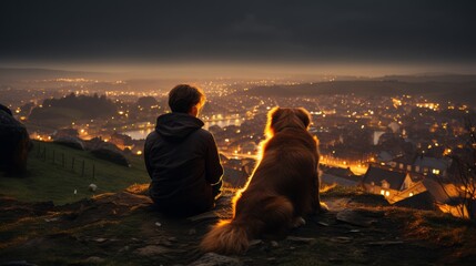 Sticker - Hyperrealistic photo, On a grassy hill, a couple sits beneath a rain - soaked night