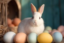 Cute Rabbit And Colored Easter Eggs