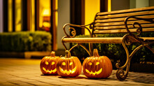 Halloween Pumpkins On A Wooden Bench In The Park At Night. Ai Generative.