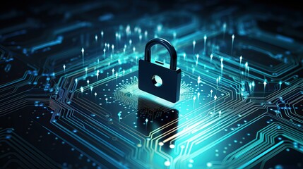 Data Encryption,Security Concept with Padlock on a Microchip.circuit board background.
