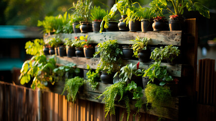 Poster - green plants in pots on wooden shelf