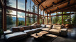 © IgnacioJulian - Beautiful luxury warm living room with brown leather couches sofa, sofa table, and plants. Amazing enviable view to mountains landscape through the window during morning sunrise. Empty with nobody