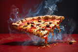 Fototapeta Las - Floating hot pizza on a red background with smoke.
