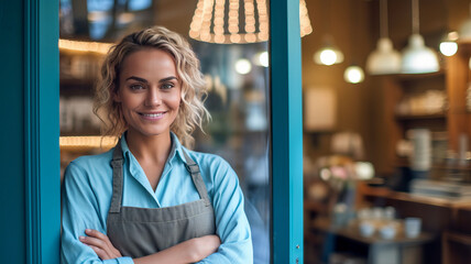 Wall Mural - photograph of Portrait of happy young woman standing at doorway of her store.